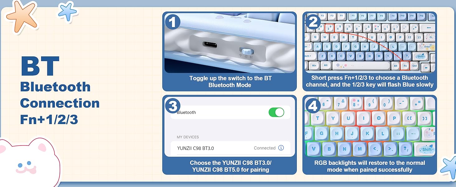 Text reads 'BT Bluetooth Connection Pro 1/2/3' Multiple screenshots of a phone interface showing Bluetooth connection screens and keyboard layouts.