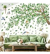 decalmile Large Green Tree Branch Wall Decals Green Leaves Floral Wall Stickers Bedroom Living Ro...