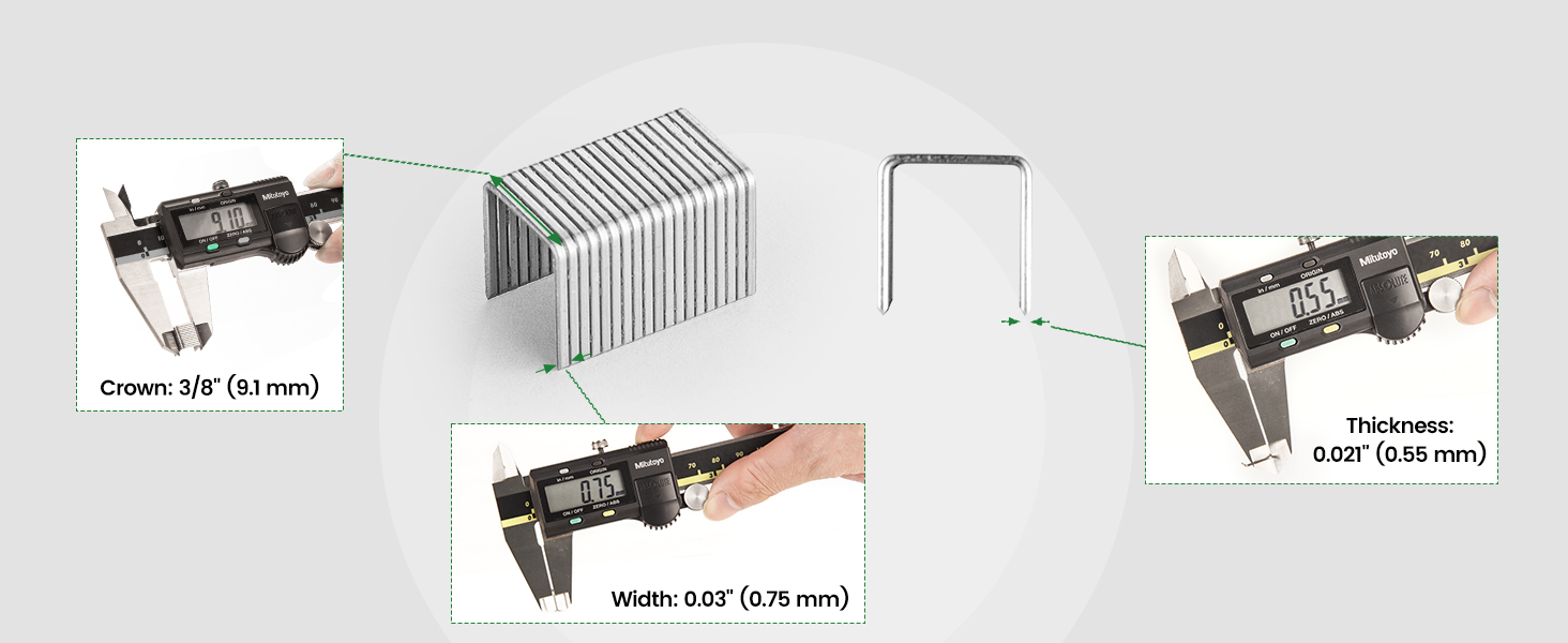 Staples size 3/8 inch 9.1 mm in crown, 0.03 inch 0.75mm in width, 0.021 0.55mm inch in thickness