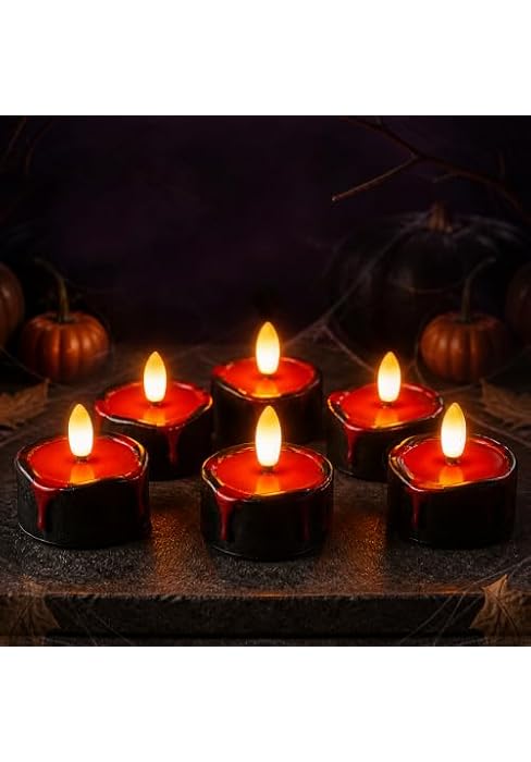 6 Pcs Halloween Flameless LED Candles with 6H Timer & Red Blood Drip | Black real wax candles wit...