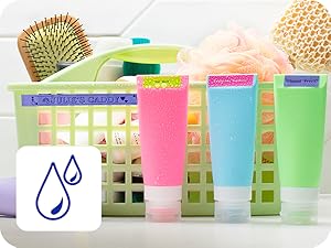 Water droplets icon, photo of shower caddy and toiletry bottles labeled with Brother P-touch Btag