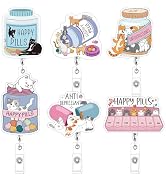 Cosmisun Cat Badge Reel Retractable - 6Pcs Cats Lover Retractable Badge Holders Happy Pills ID Ba...