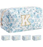 HBselect Initial Makeup Bag for Women, Quilted Cosmetic Travel Toiletry Bag, Flowers Zipper Make ...