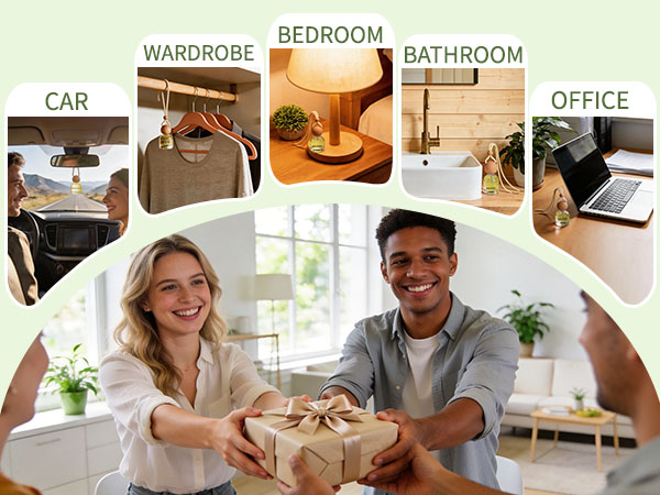Text reads 'BEDROOM', 'WARDROBE', 'BATHROOM', 'CAR', 'OFFICE'. Lifestyle product usage scenes showing various home and office environments.