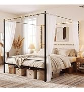 Giantex King Size Metal Canopy Bed Frame, Modern Platform Bed Frame with 4 Poster & Headboard, Ma...