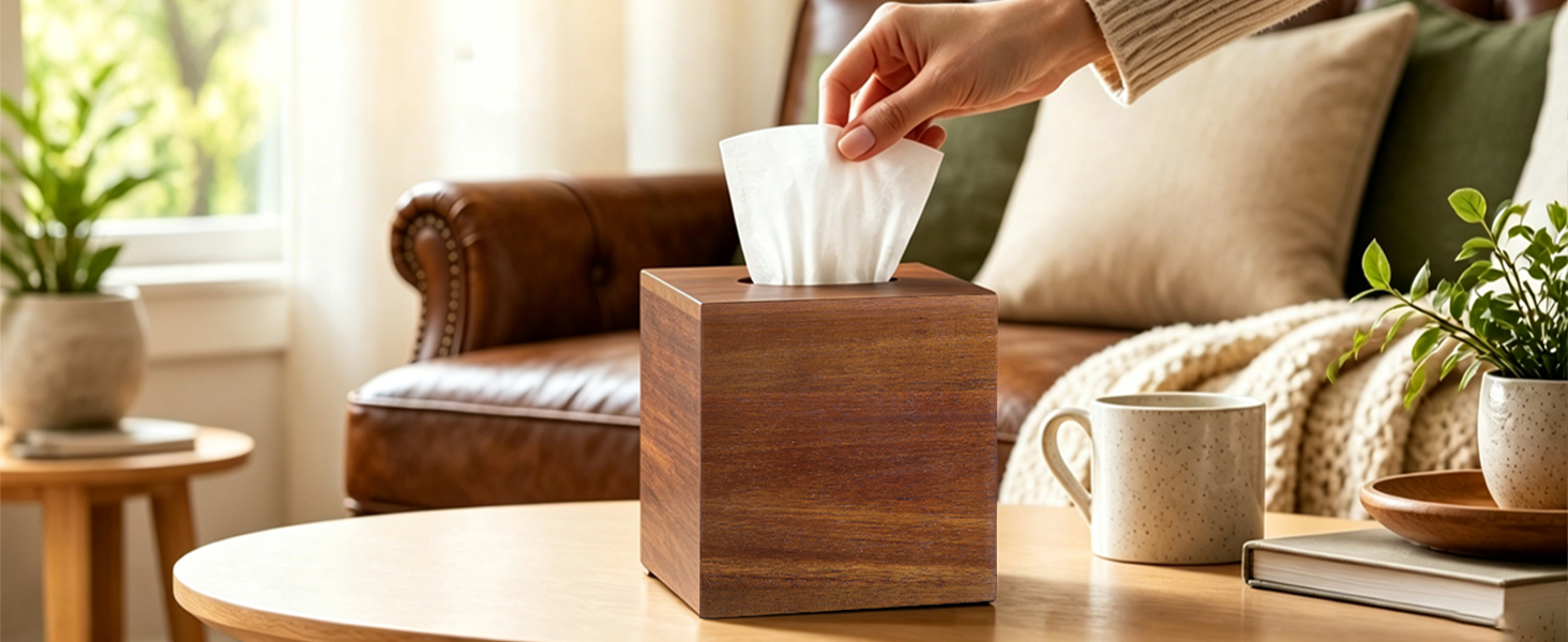 BIBELUN Square Tissue Box Cover, Acacia Wood Tissue Box Holder