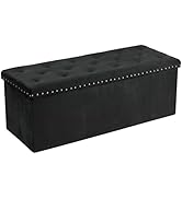 PINPLUS Black Storage Ottoman Bench for Bedroom, Folding Velvet Large Long Toy Shoes Chest with B...