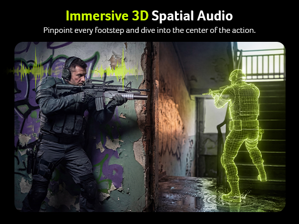 Gamer reacting to enemy footsteps, illustrating pinpoint 3D spatial audio directional sound in-game