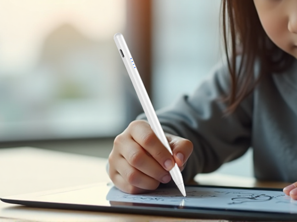 A white digital stylus pen being used on a tablet device. The stylus is held by a hand, writing or drawing on the tablet's screen in a well-lit indoor setting.