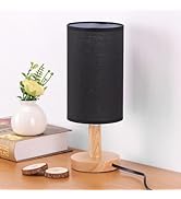 Black Small Bedside Table Lamp for Bedroom,Natural Round Wood Base&Fabric Linen Shade,Cozy Night ...