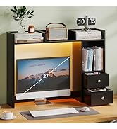 ChooChoo Desktop Bookshelf with LED Lights, 36.6" Dorm Desk Hutch with 4 Shelves and 2 Drawers, F...