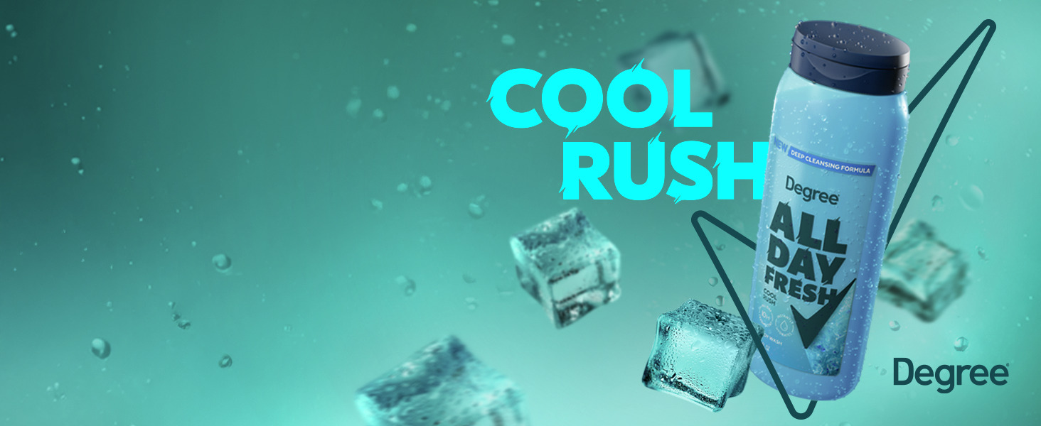 A blue Degree Body Wash bottle surrounded by ice cubes with the text Cool Rush in blue