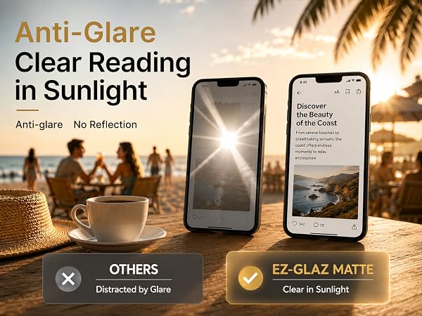 Anti-glare matte glass help you read on the beach