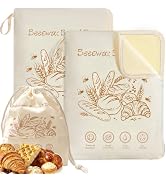 2 Pack Beeswax Bread Bags (13x17in) & Muslin Drawstring Bag, Reusable Bread Storage Bags with Zip...