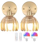 Shenmoyl Vintage Battery Operated Wall Sconce with Cute Amber Tulip Glass Lampshade Wireless Rech...