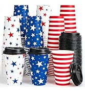 AnyDesign Patriotic Disposable Coffee Cups with Lids 16 Oz Red Blue White Star Stripe Paper Drink...