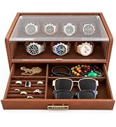 7 Slot Watch Box for Men, PU Leather Watch Display Case with Lid, Soft Velvet Lining Jewelry Stor...