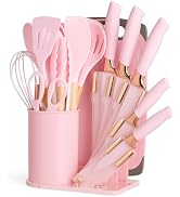 DANFFI 19-Piece Pink Kitchen Utensil Set – Silicone Cooking Tools with Wooden Handles, Non-Stick ...