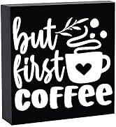 Coffee Bar Decor, But First Coffee Sign, Wood Box Sign for Rustic Farmhouse Kitchen Tiered Tray D...