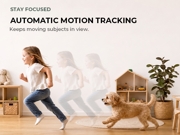 Woman and dog moving through a living room, illustrating automatic motion tracking.