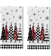 Croar Christmas Tree Kitchen Dish Towels Set of 2, Xmas Pine Trees Snowflake Buffalo Plaid Drying...