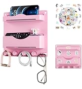 JUMEIHUI Pink Bedside Shelf Organizer - Wall Mount Phone Holder with Glasses Hook & 50 Motivation...