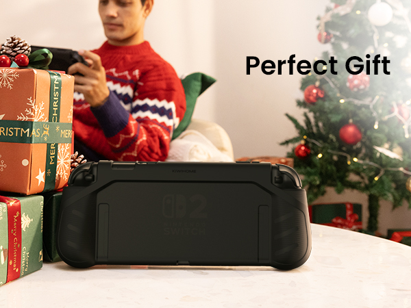 Text reads 'Perfect Gift' overlaid on images showing wrapped presents and holiday decorations in festive settings.