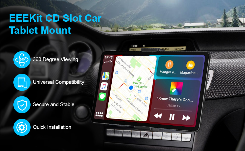 EEEKit CD slot car tablet mount product features diagram showing 360-degree viewing, universal compatibility, secure mounting, and quick installation options.