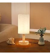 Small Bedside Table Lamp for Bedroom,Natural Round Wood Base&Fabric Linen Shade,Cozy Night Table ...