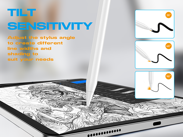 Digital stylus interface demonstration showing tilt sensitivity features with three different angle options for digital drawing.