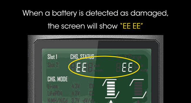 THe UMS2 showing the "EE EE" symbol to show the battery is damaged.