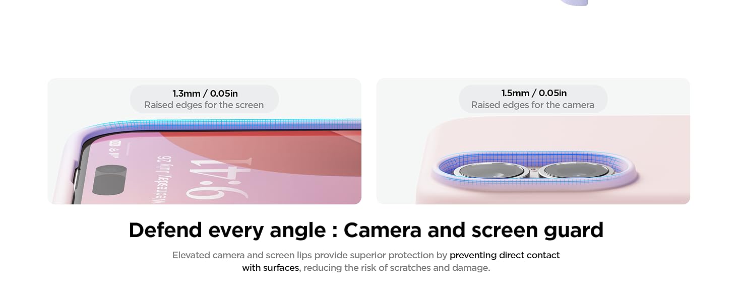 Product advertisement showing phone screen protector and camera guard with demonstration of protective coverage angles.
