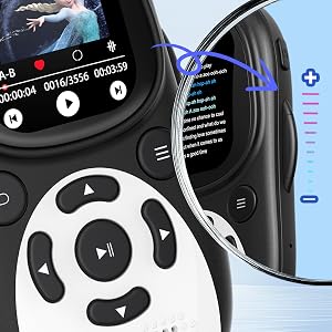 Multiple views of a black wireless controller or remote device with digital display showing interface elements, menu options, and playback controls against blue background.