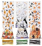 CCINEE Halloween Cellophane Treat Bags, 150pcs Halloween Plastic Clear Candy Bags with 300pcs Twi...