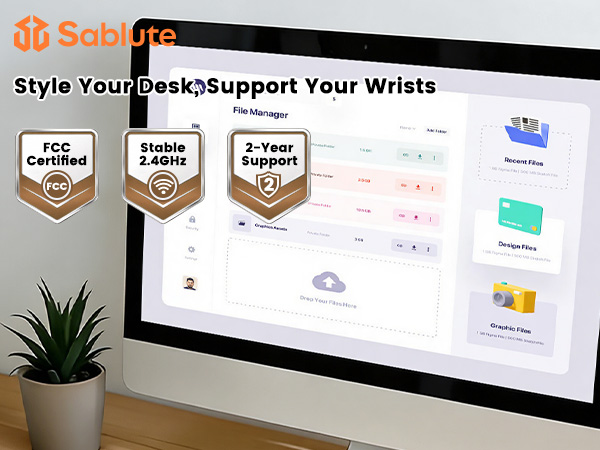 Sablute desk setup highlighting wrist comfort, FCC certification, 2.4GHz connection, and support.