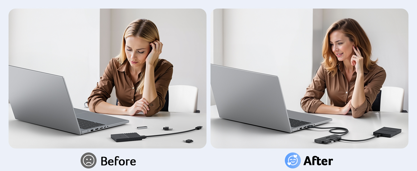 Before and after comparison showing person at desk with laptop, demonstrating different postures while working.