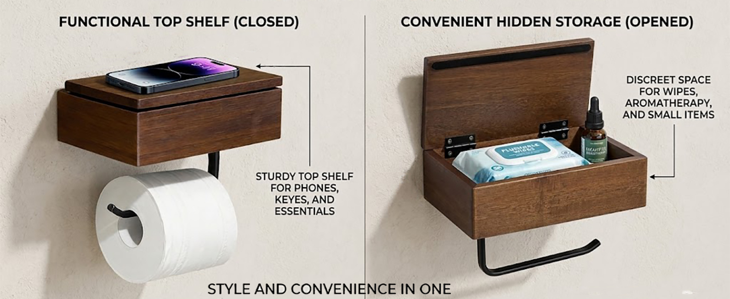 Toilet Paper Holder with Black Walnut Wood Shelf, Wall Mounted Adhesive, Bathroom Storage Organizer