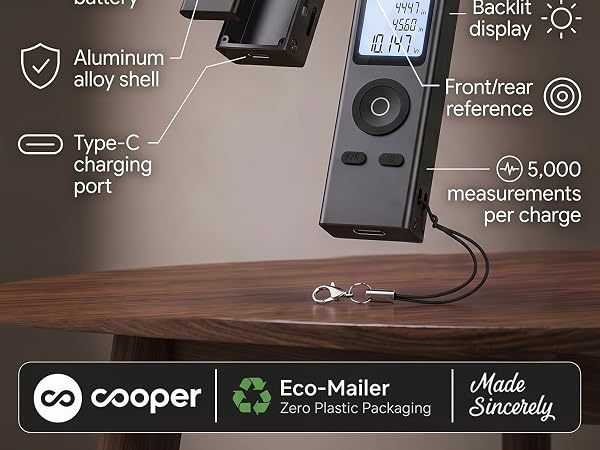 Laser distance measure internals: aluminum shell, USB-C port, lanyard, 5,000 measurements