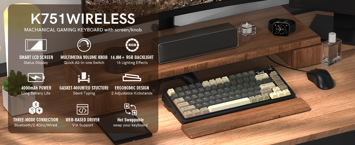 redragon 75% wireless mechanical gaming keyboard with screen and knob