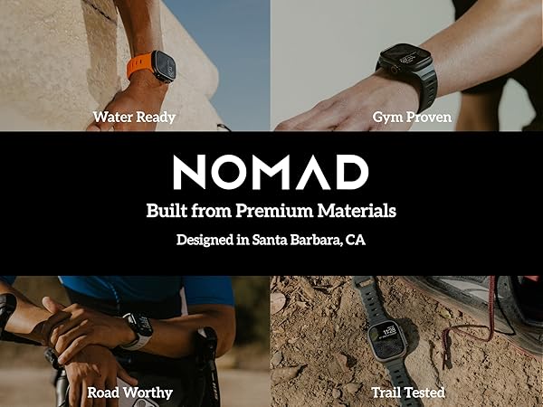 Nomad Apple Watch bands worn across water, trail, gym, and road activities, emphasizing durability.
