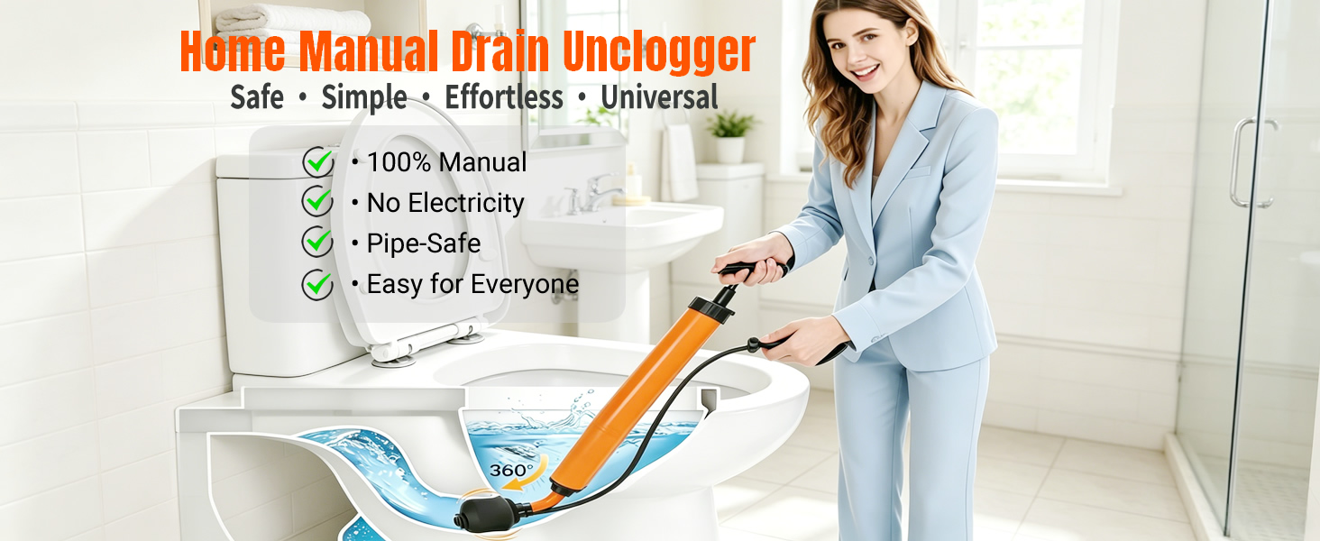 High-pressure manual drain unclogger, no electricity, no harsh chemicals