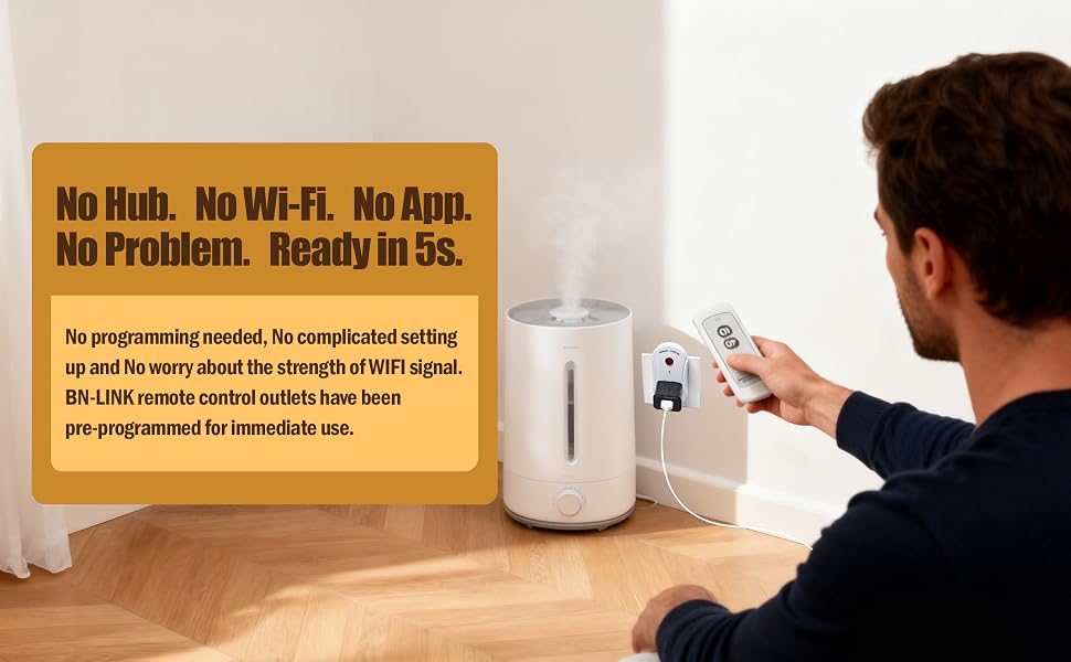 A man easily turns on a humidifier using a C-GLNKY wireless remote control outlet