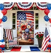 Patriotic Floral Door Cover Banner, 35.4 x 70.8 Inch 4th of July Front Door Decoration with Ameri...