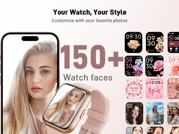 Advertisement for smartwatch customization featuring '150+ Watch faces'. Shows smartphone and smartwatch with various digital watch face designs, including floral and portrait options.