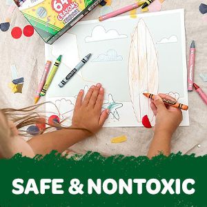 Safe & nontoxic, with a young child drawing a picture with an orange crayon