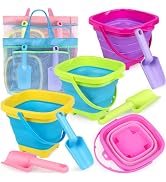Collapsible Beach Buckets for Kids, 4 Packs Foldable Sand Buckets and Shovels with Mesh Beach Bag...