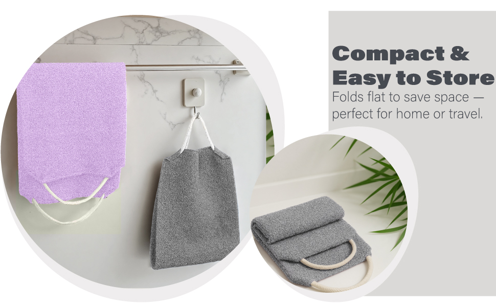 Foldable back scrubber with handles, easy to hang and store at home or during travel