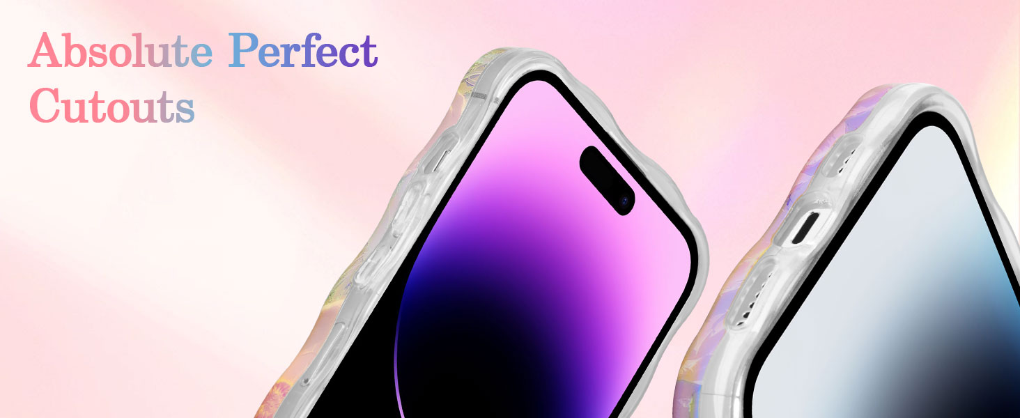 Close-up of two smartphone corners, one purple and one light blue, against a pink background. Text reads 'Absolute Perfect Cutouts'.