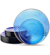 Hioasis 60pcs Clear Blue Gold Plastic Plates - Blue Party Plates,Fancy Disposable Plates,Blue Dis...