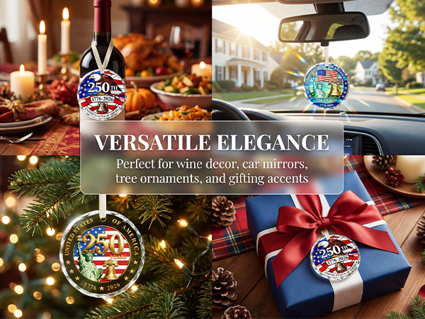 Crystal America 250 merchandise. Patriotic decorations for home, car, wine, and gifts.